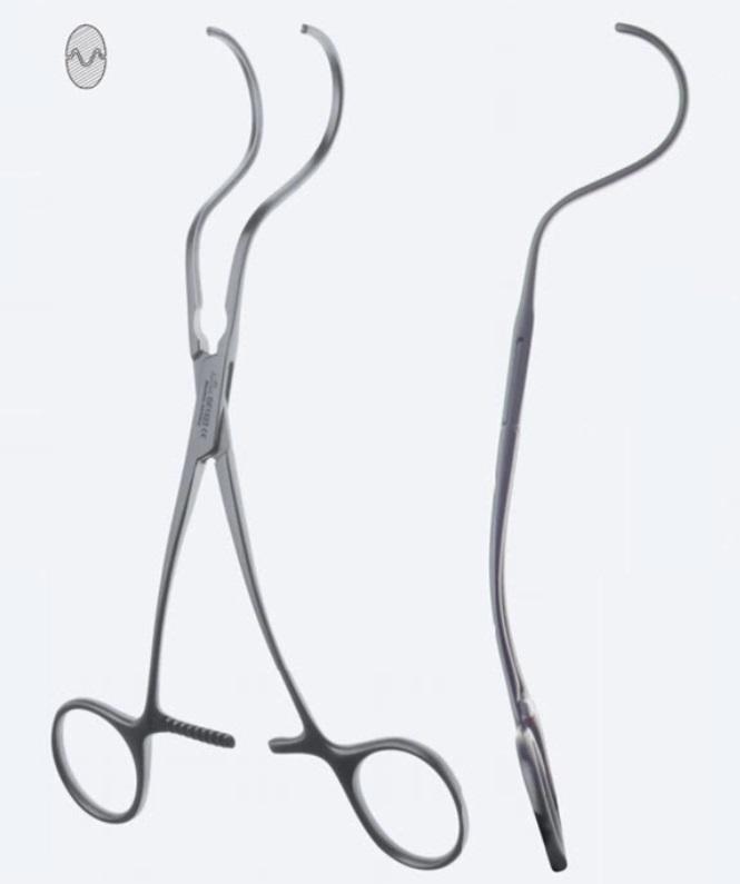 Зажими, судинні, "Dale", фіг. 3, зубці "De Bakey", з вигнутою ручкою, щелепа 36 мм, довжина 180 мм, 7 1/8". Бренд - Asanus Medizintechnik Gmb, Німеччина